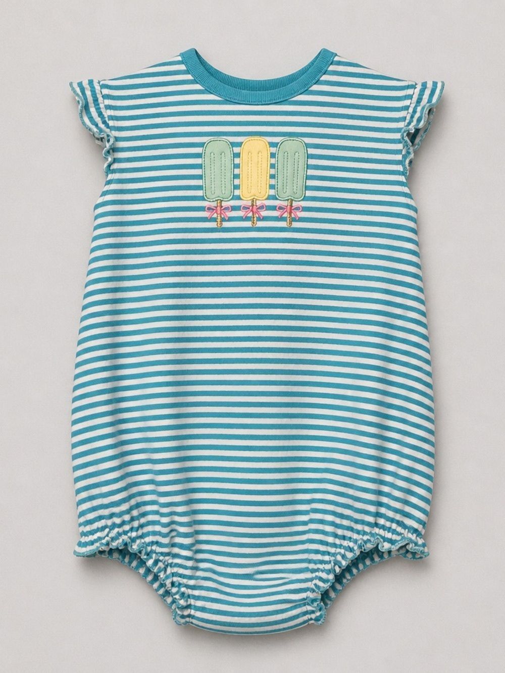 Little English blue and white stripe knit bugle romper with popsicle applique